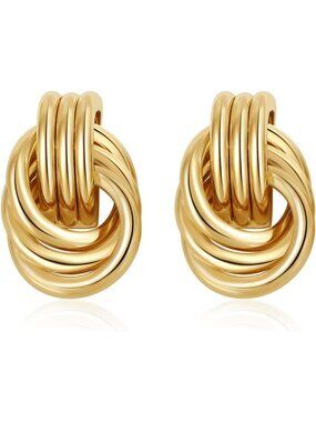 Women's 14K Gold Plated Chunky Knot Twisted Door Knocker Stud Earrings